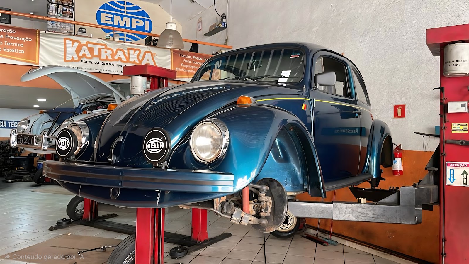 Fusca azul elevado na oficina durante manutenção da suspensão